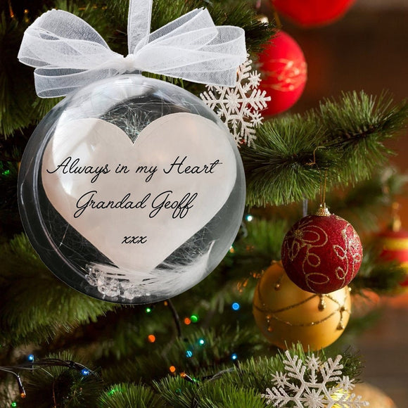Personalised Christmas Ornaments Remembrance Memorial In Memory Tree Bauble Feather Any Name or Wording