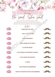 Pink Floral Hen Party Bridal Shower Game He Said She Said