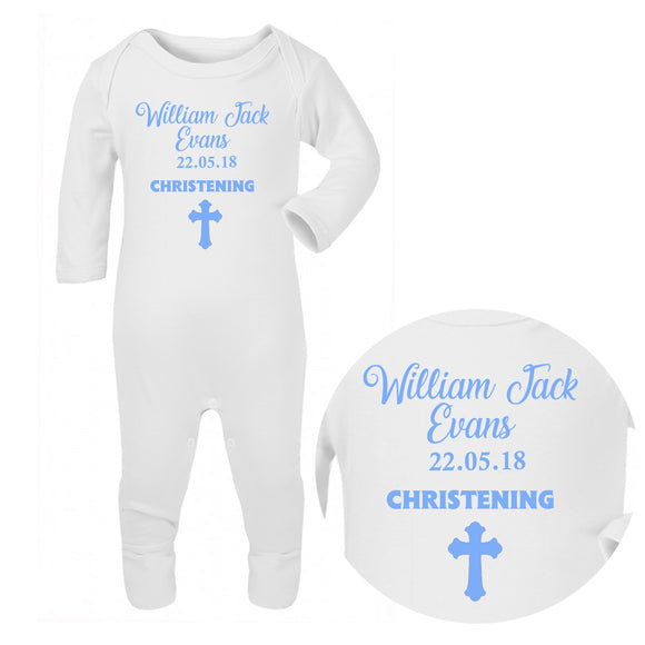 Personalised Baby Sleepsuit - Christening (Blue) - Fizzy Strawberry Gifts