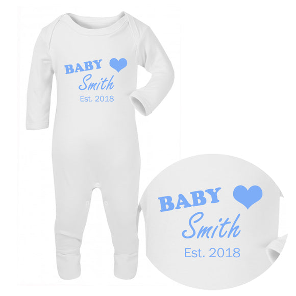 Personalised Baby Sleepsuit - Surname (Blue) - Fizzy Strawberry Gifts