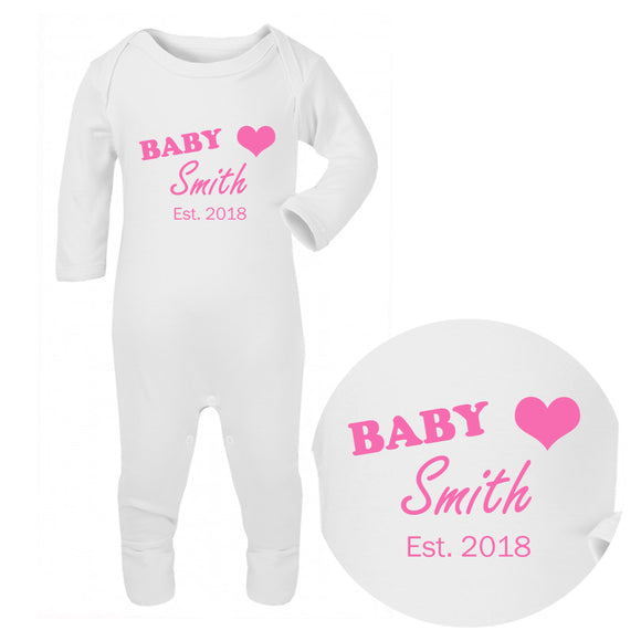Personalised Baby Sleepsuit - Surname (Pink) - Fizzy Strawberry Gifts