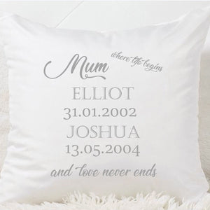 Mum (Or Nan) Where Life Begins Cushion - Fizzy Strawberry Gifts